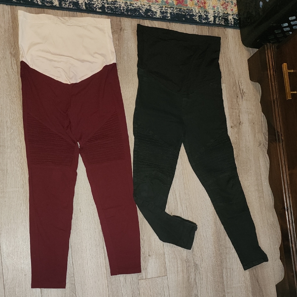 Three Pairs Maternity Burgundy and Black Leggings And Cherry Red - All Medium